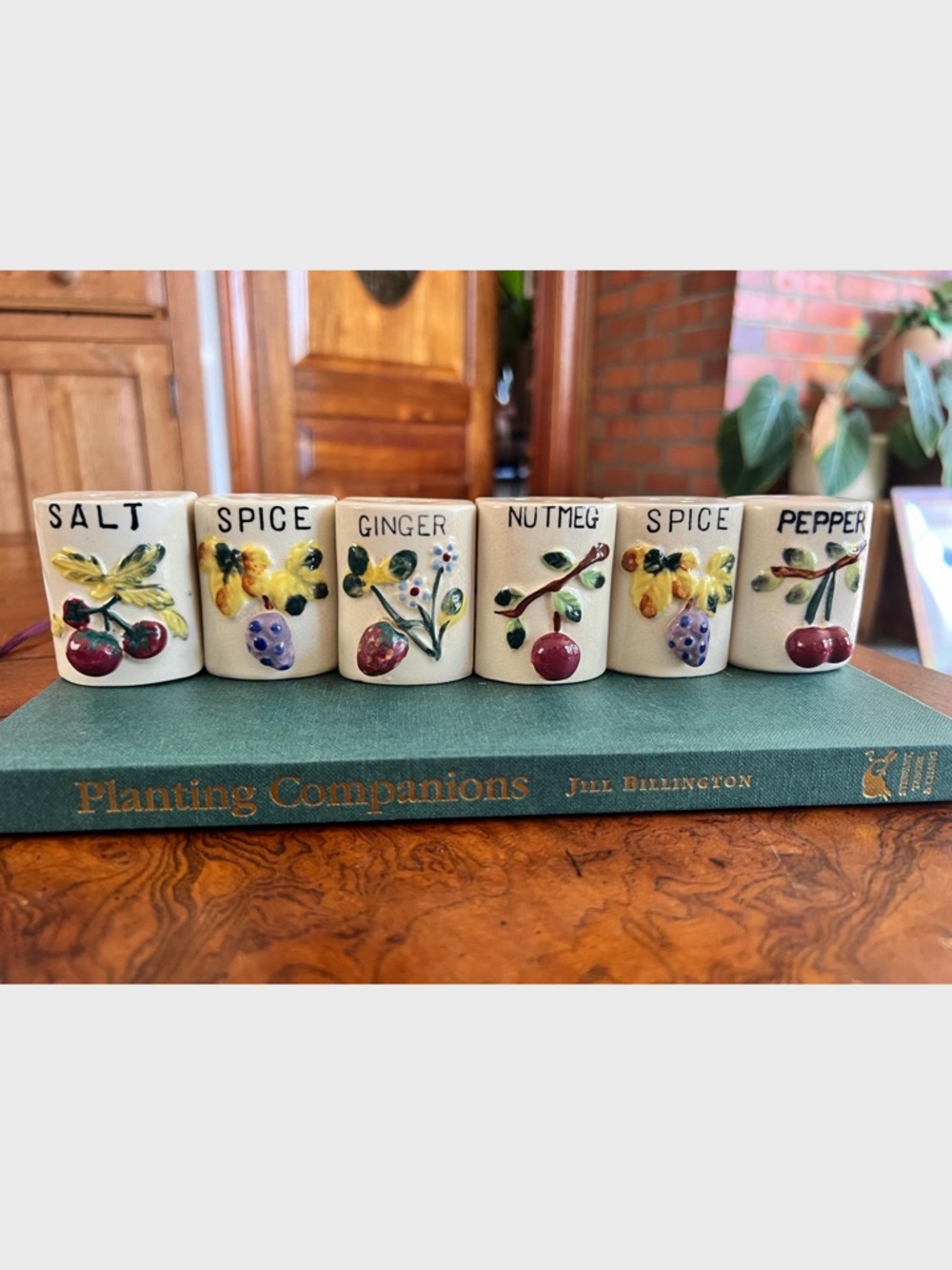 Vintage Hand-Painted Ceramic Spice Jar Set in Cream – 6-Piece